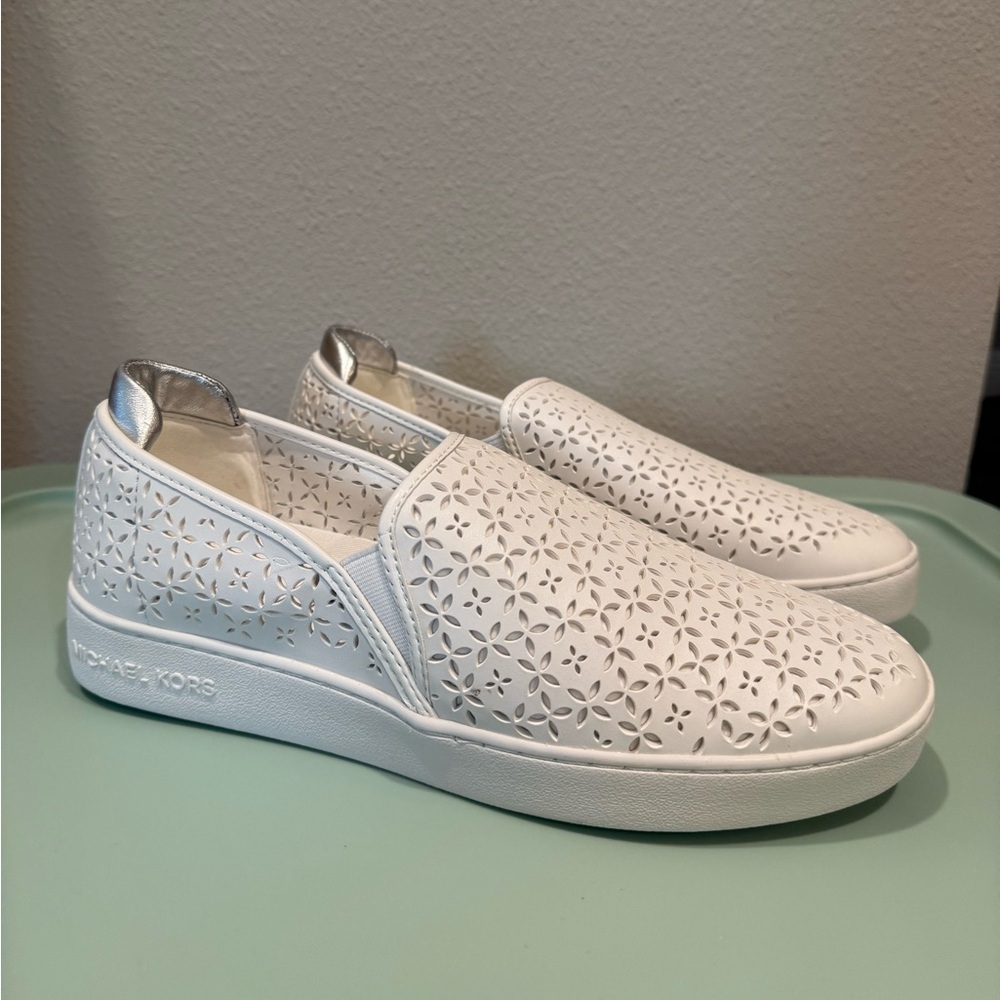 MICHAEL KORS White Perforated Slip-On Sneakers